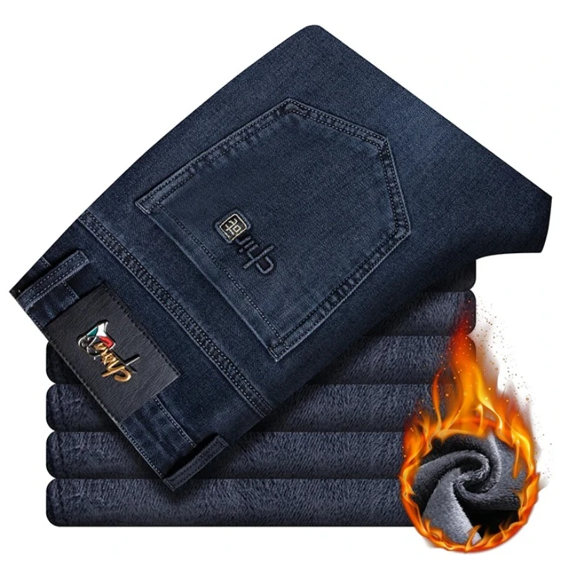 Winter Fleece Warm Men's Jeans Straight Stretch Classic Business Casual Thicken Denim Trousers Washed Fashion Velvet Male Pants