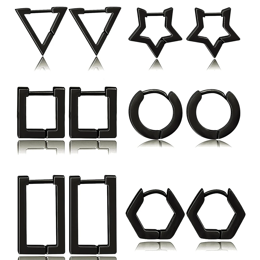 1-6 Pairs Minimalist Stainless Steel Dainty Geometric Square Triangle Star Rectangle Hoop Huggie Earrings Set for Men Women