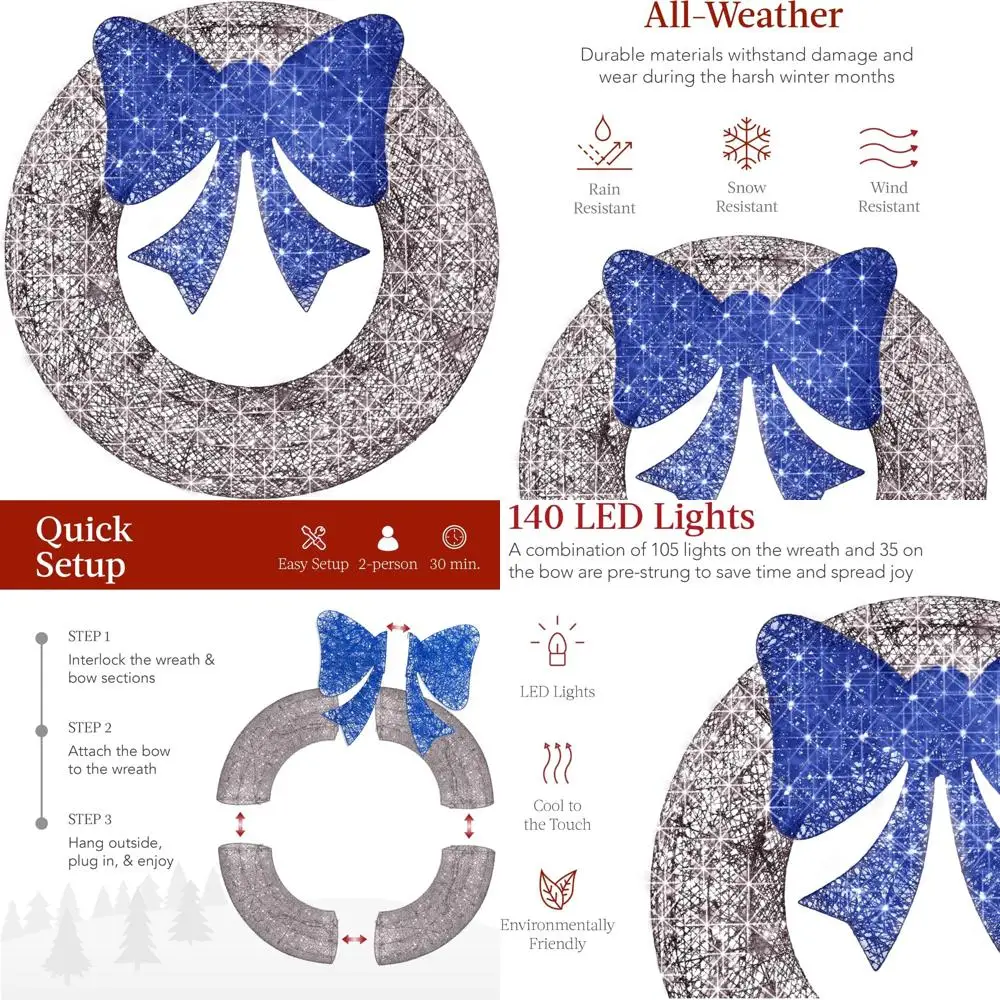 

Уличный рождественский венок, украшение, 48 дюймов, предварительная подсветка, 140 светодиодных фонарей, металлический праздничный домашний декор с бантом