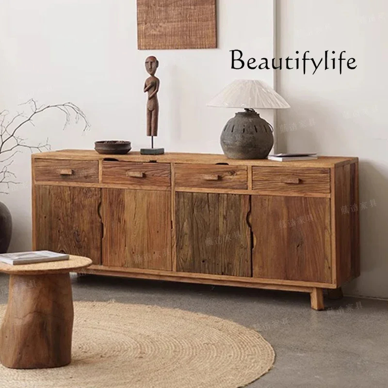 S Solid Wood Retro Locker Against The Wall, Medieval Dining Side Cabinet, Retro And Old Wabi-**** Three-door Cabinet