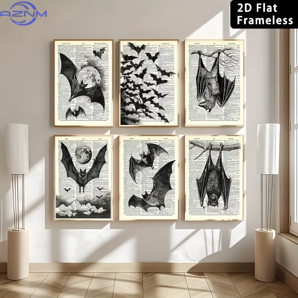 6pcs Frameless Canvas Printed Posters, Home Decoration Decorative Wall Art, Bat Wall Art, Dark Academy Painting, Retro Gothic Ba