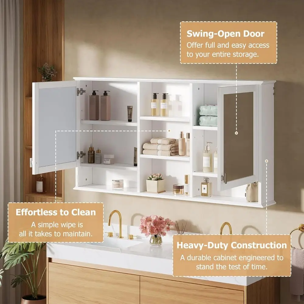 55"x28" Bathroom Medicine Cabinet with Mirror, Wall Mounted Bathroom Storage Organizer with 5 Open Shelves & Adjustable Interior view 5