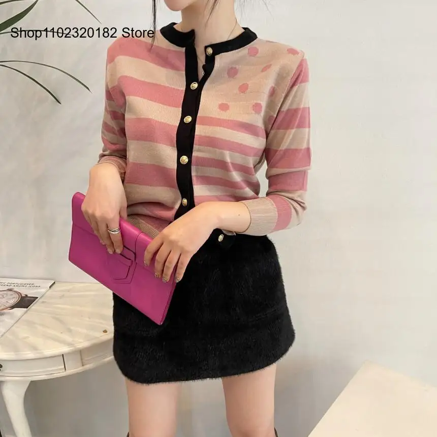 Spring Sweater for Women Long Sleeve Round Neck Striped Cardigan with Polka Dot Detail Perfect for Casual Wear