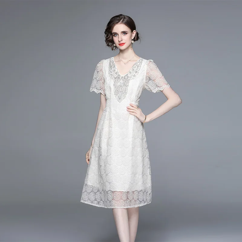 استراحة الشاي الطويلة Dr مع التطريز الثقيل V-Ne منتفخ Sves وتصميم زهرة الشاي الشتاء تنورة محبوكة عالية الخصر #3