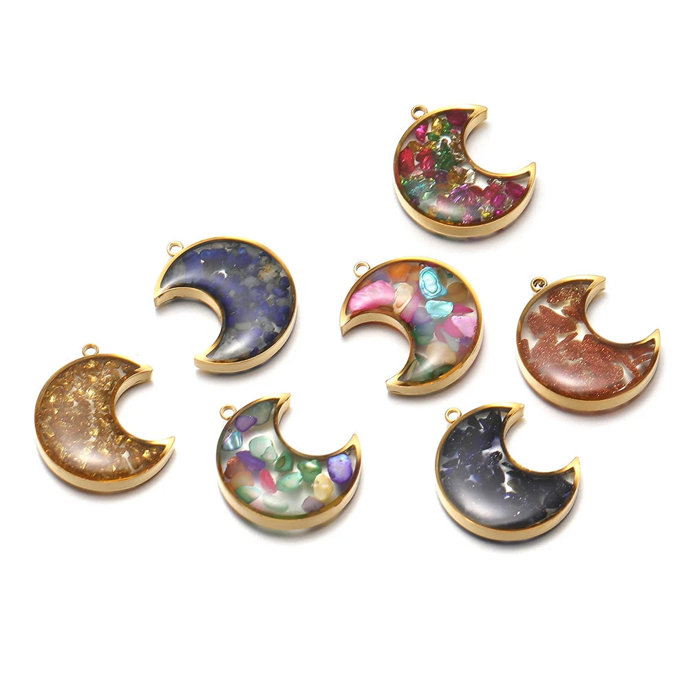 4 Stück Edelstahl-Mondanhänger, transparente Harz-Steinchen-Charms für die Herstellung von DIY-Modeschmuck, Halsketten und Ohrringen für Mädchen – Detail 5