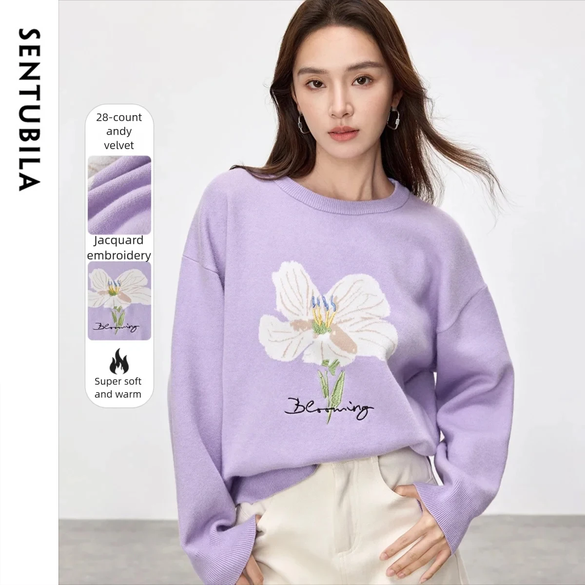 

SENTUBILA Jacquard Knitted Pullovers For Womens 2025 Spring New Lazy Embroidery O Neck Drop Sleeve Simple Sweater W51E58938
