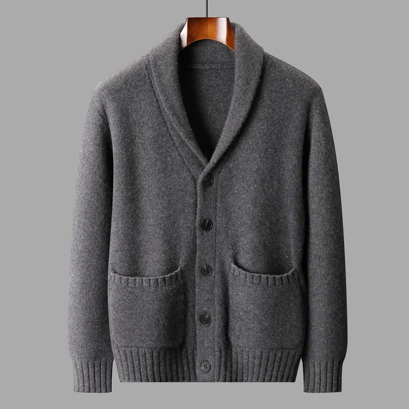High-end Men 100% Cashmere Sweater Shawl Collar Cardigan Coat Thick Warm Clothes Autumn Winter Smart Casual Cashmere Knitwear