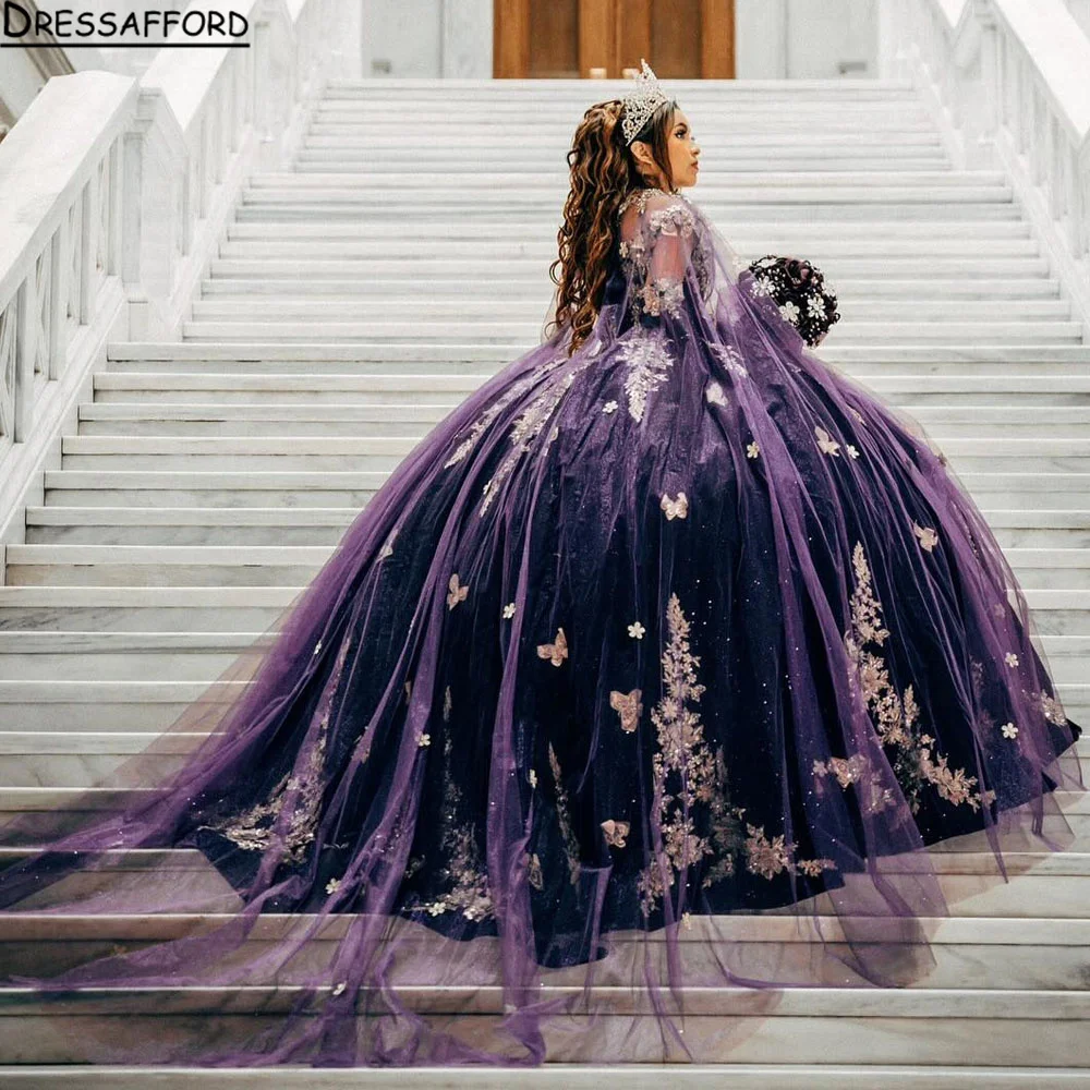 

Purple Quinceanera Dresses Ball Gown Birthday Party Dress Lace Up Graduation Gown With Cape quinceanera de 15 anos