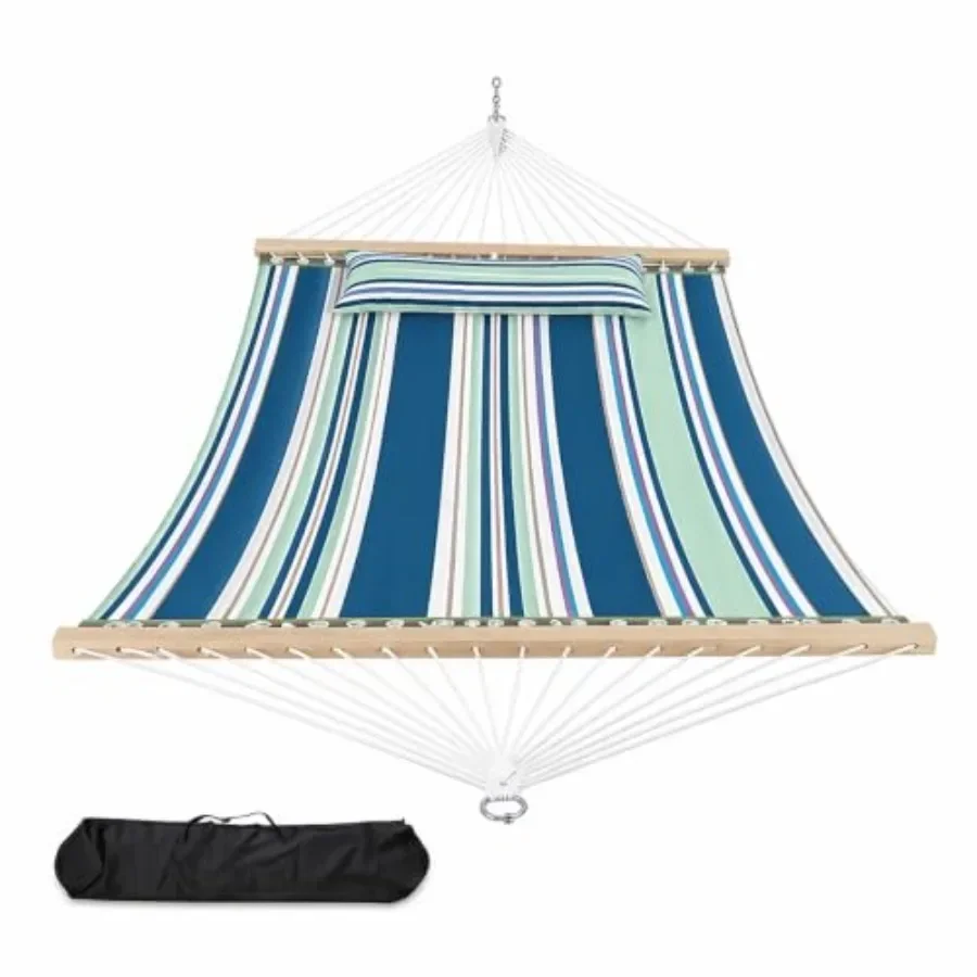 Outdoor double hammock with pillow and carry bag for backyard or camping, polyester fabric in colorful stripes, ultra-comfortab