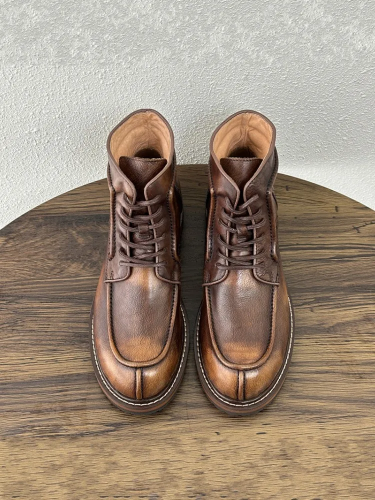 Autumn Winter Men Work Comfortable Cowhide Genuine Leather High Top Lace Up Round Toe Ankle Boots Motorcycle Riding Safety Boots