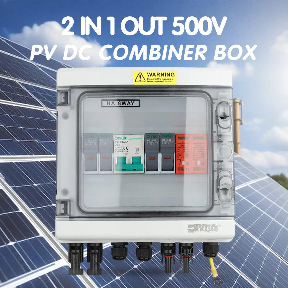 

500V 2 In 1 Out Solar Photovoltaic Combiner Box Surge Lightning Protection DC Fuse MCB SPD Waterproof Rainproof Dustproof Crate