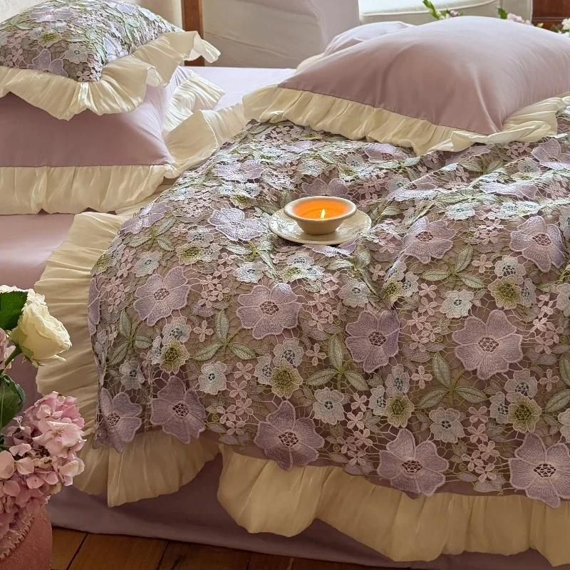Bedroom Romantic All Cotton Washed Cotton 4-piece Set, 3D Embroidered Flowers Lace Edges Pure Cotton Duvet Cover Bedding