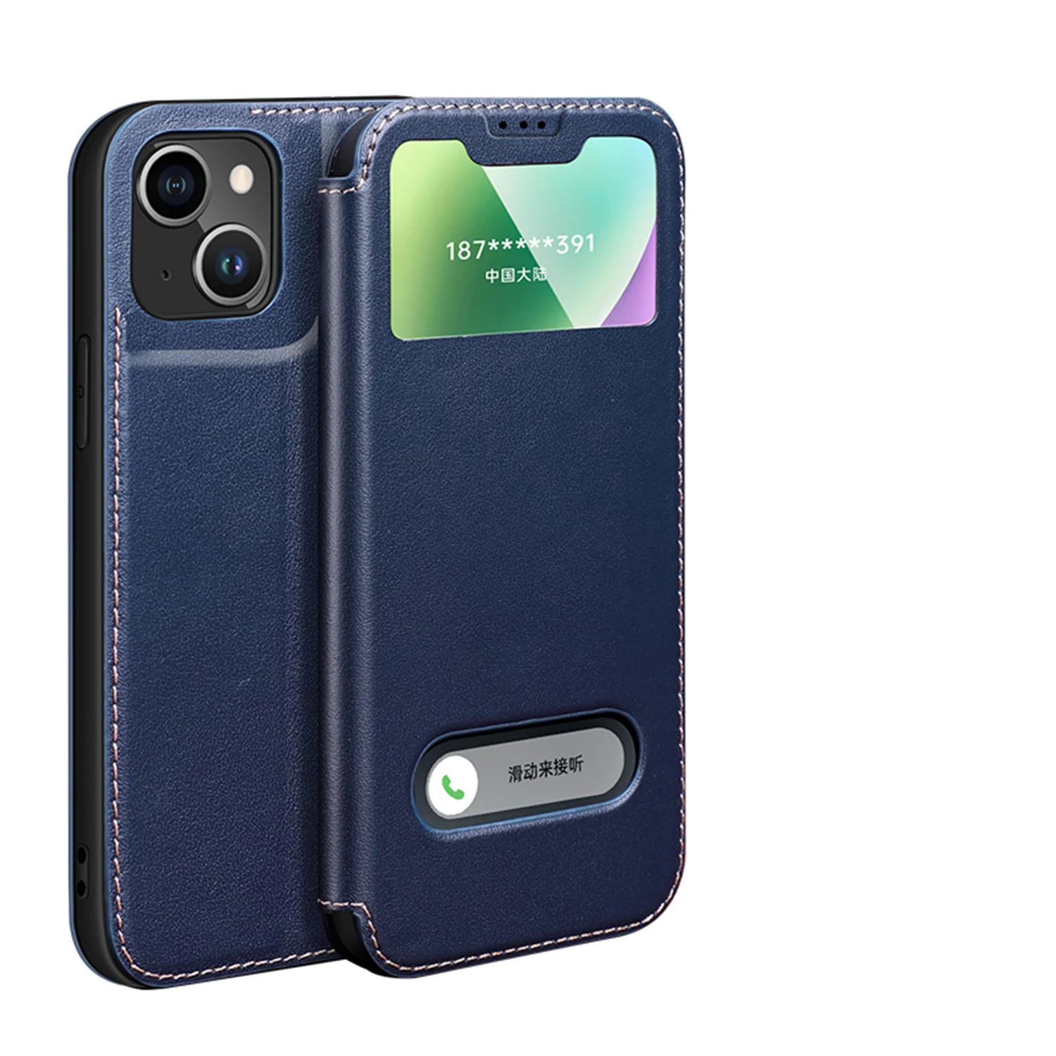 Genuine Leather Case Daul Window View Flip Case for iPhone 14/14 Pro/14 Pro Max Shockproof Smart Cover