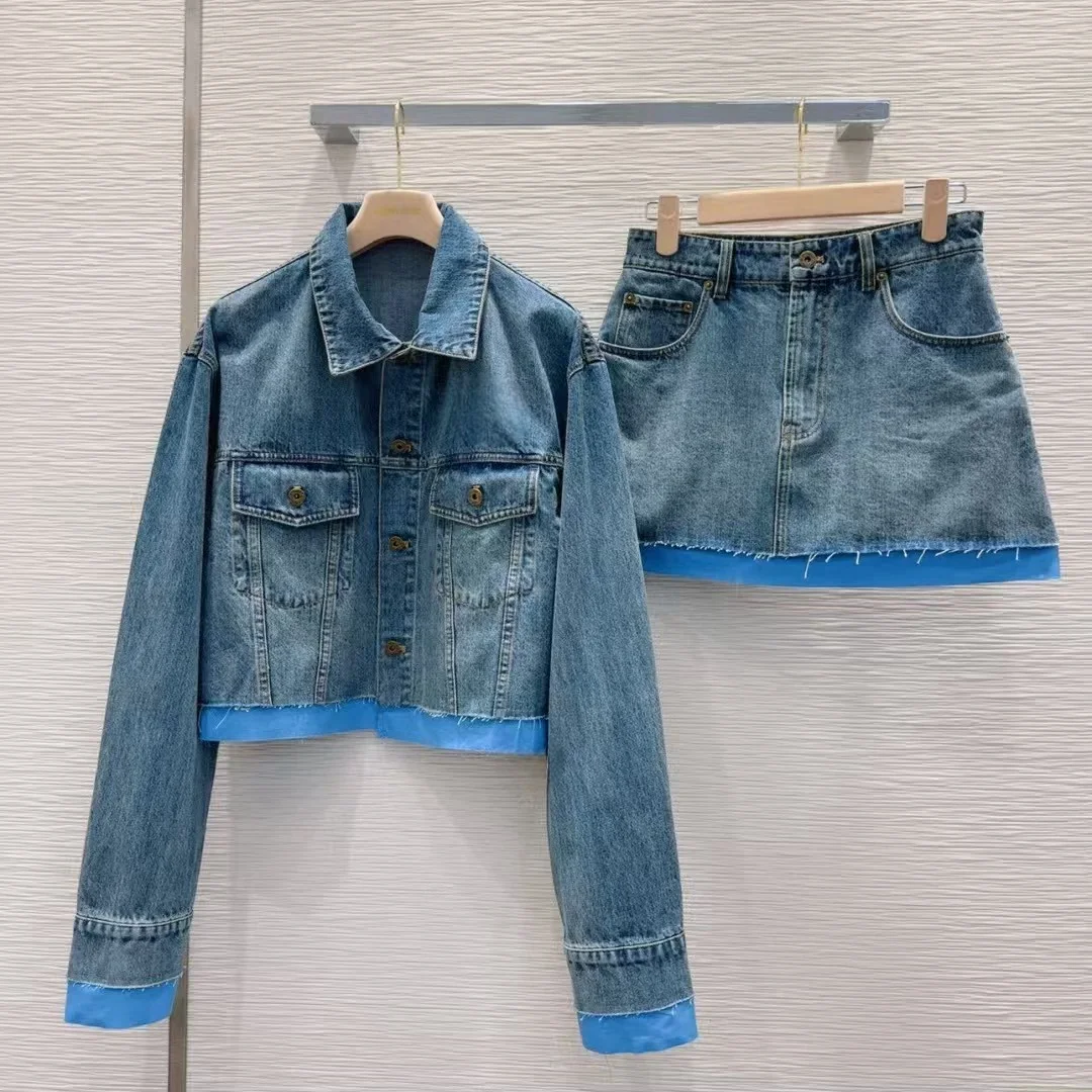 High end customized women's new denim short skirt set