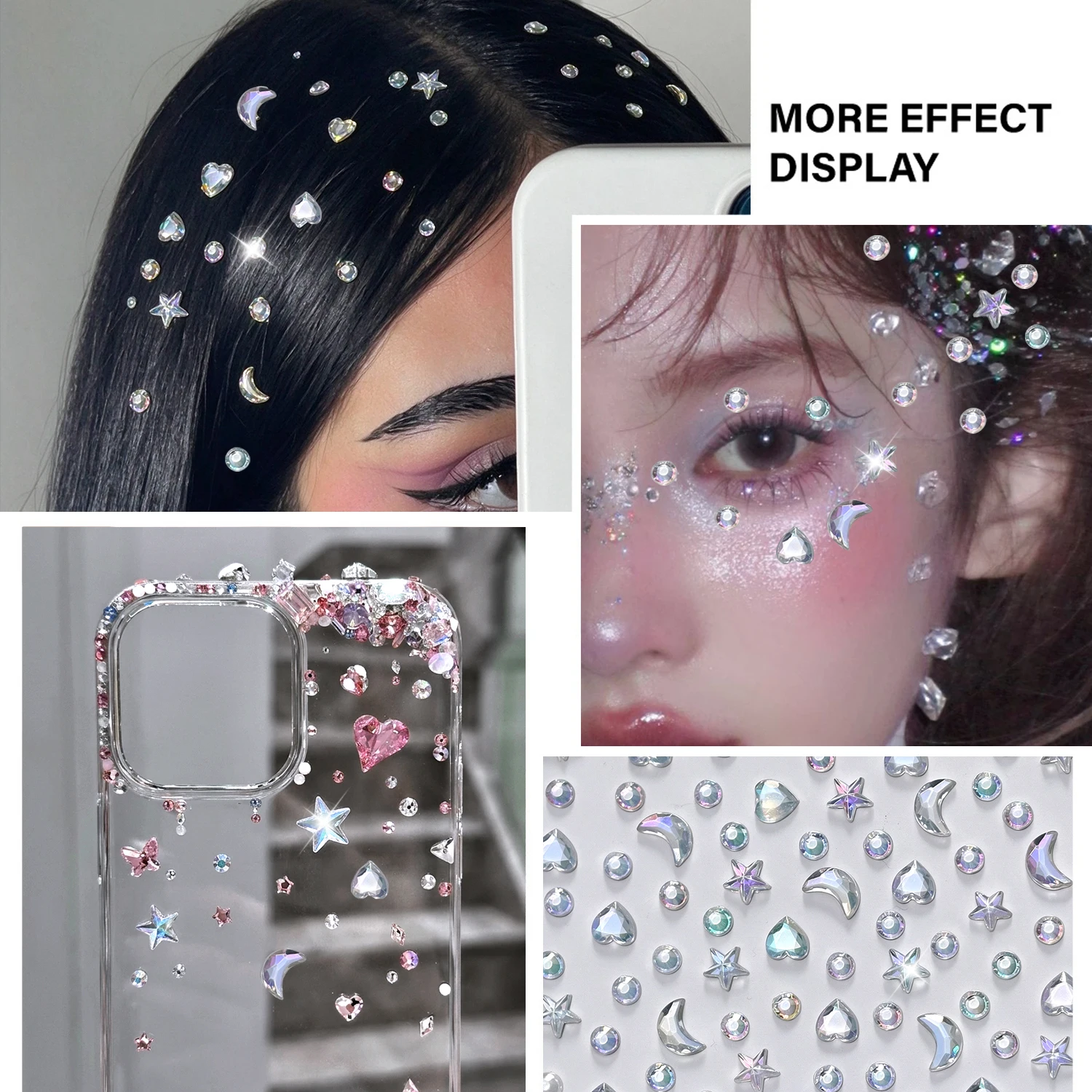 1Pcs Iridescent Face Gem Stickers 3D Moon Star Heart Self Adhesive Rhinestone Decal for Festival Party Makeup Eye Body Art Decor