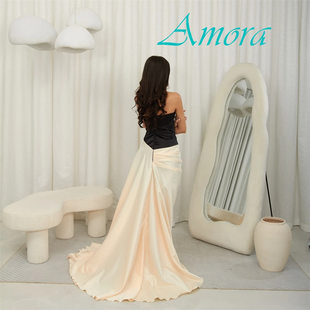 

Customized Elegant Satin Strapless Evening Dress Sexy Sleeveless Prom Dresses Delicate Contrast Color Special Occasion Gowns