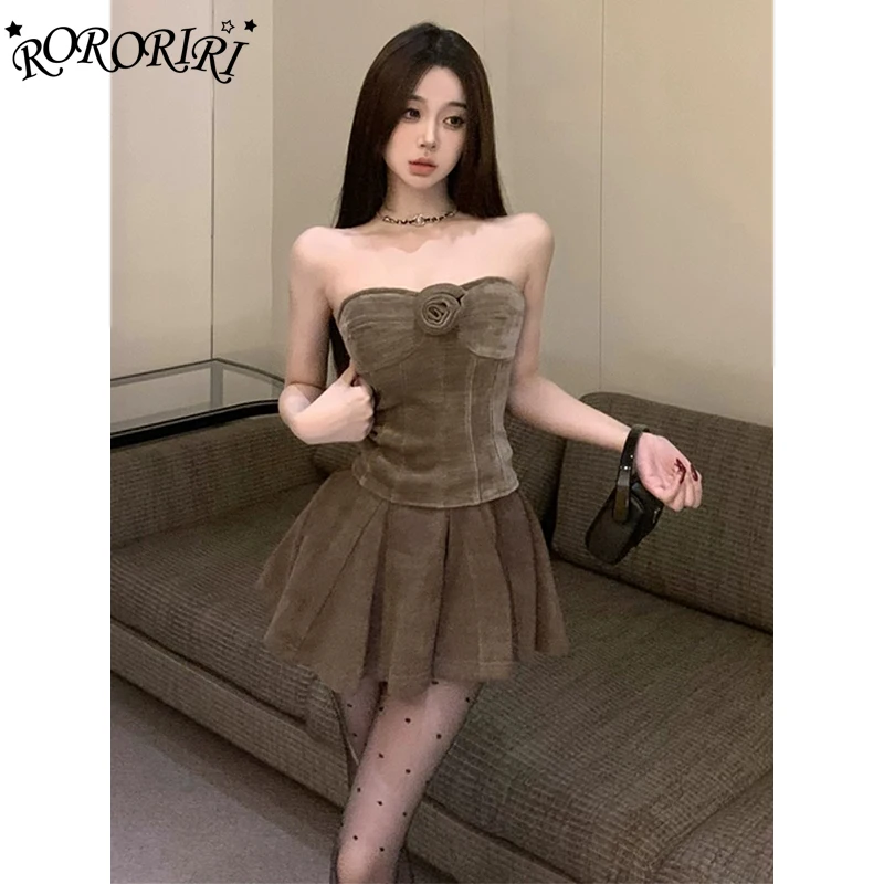 RORORIRI Removable Rose Solid Corset Top Women Shirring Slim Crop Tube Top Flower Brooch Sleeveless Vest Grayu Vintage Clothes