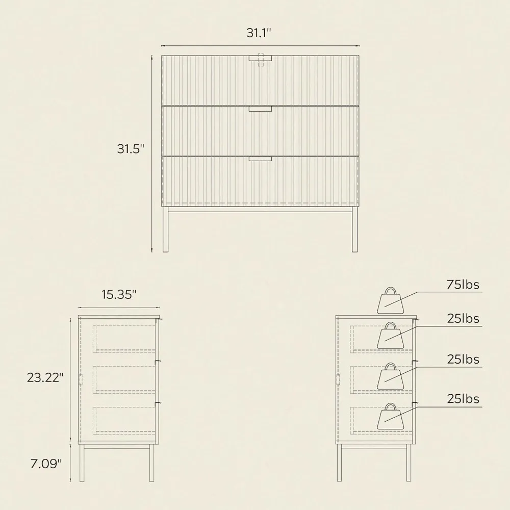 par de cômodas modernas com gavetas caneladas com 3 gavetas, baús de madeira com pernas e puxadores de metal