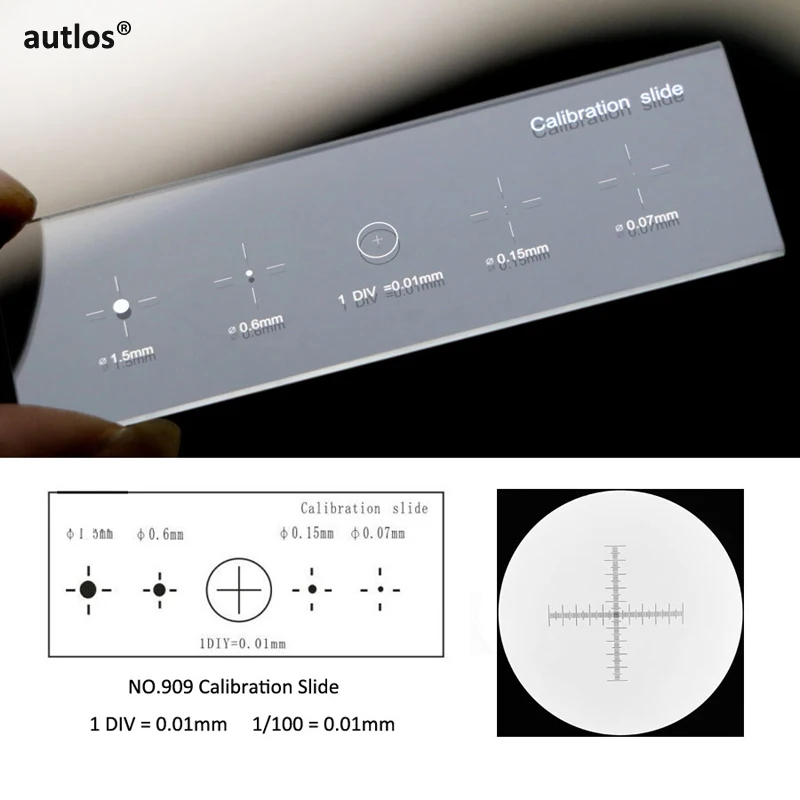 909 Dot Crosshair Vetrini per microscopio in vetro ottico Piastra multifunzione Reticolo Calibrazione accurata Diapositiva Micrometro da palco