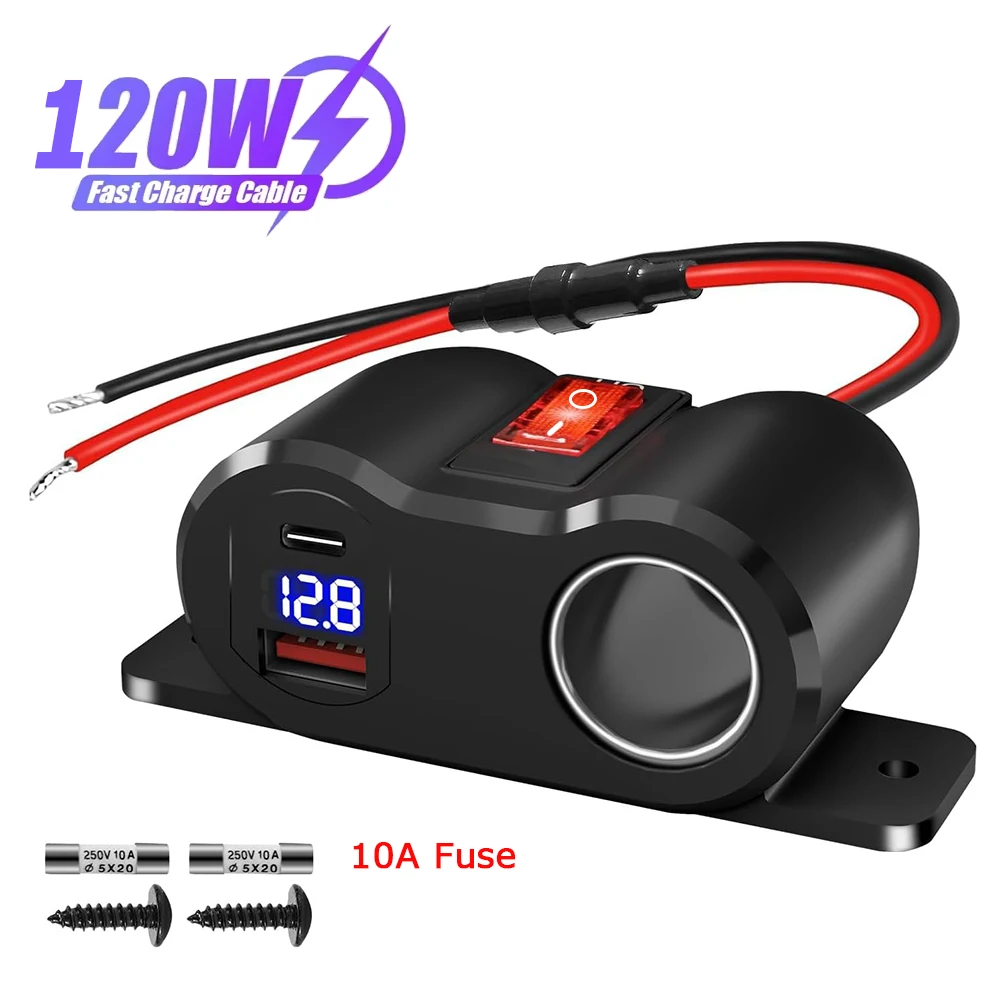 36W PD3.0+18W QC3.0 Car Charger with Power Switch 12V USB Outlet Cigarette Lighter Socket for Car RV Marine Motorcycle Truck ATV