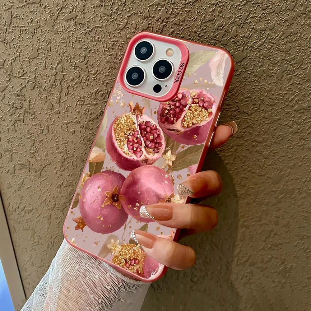 

Golden Pomegranate Design Pink Phone Case Shockproof & Anti Slip Frosted Suitable for iPhone 16 15 14 13 12 11 Pro Max Plus Mini