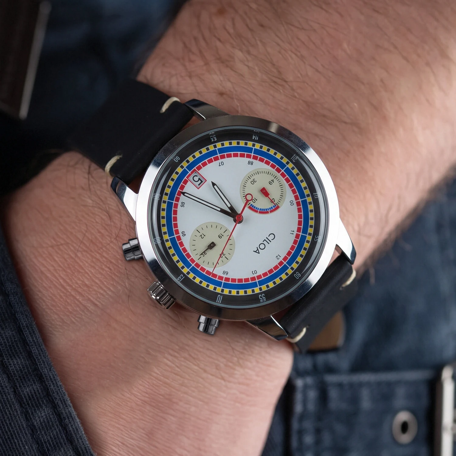 CILOA-Vintage Racing Chronograph Watch for Men Multicolor Regatta Dial Leather Strap Quartz Sport Wrist Watch with Date-574