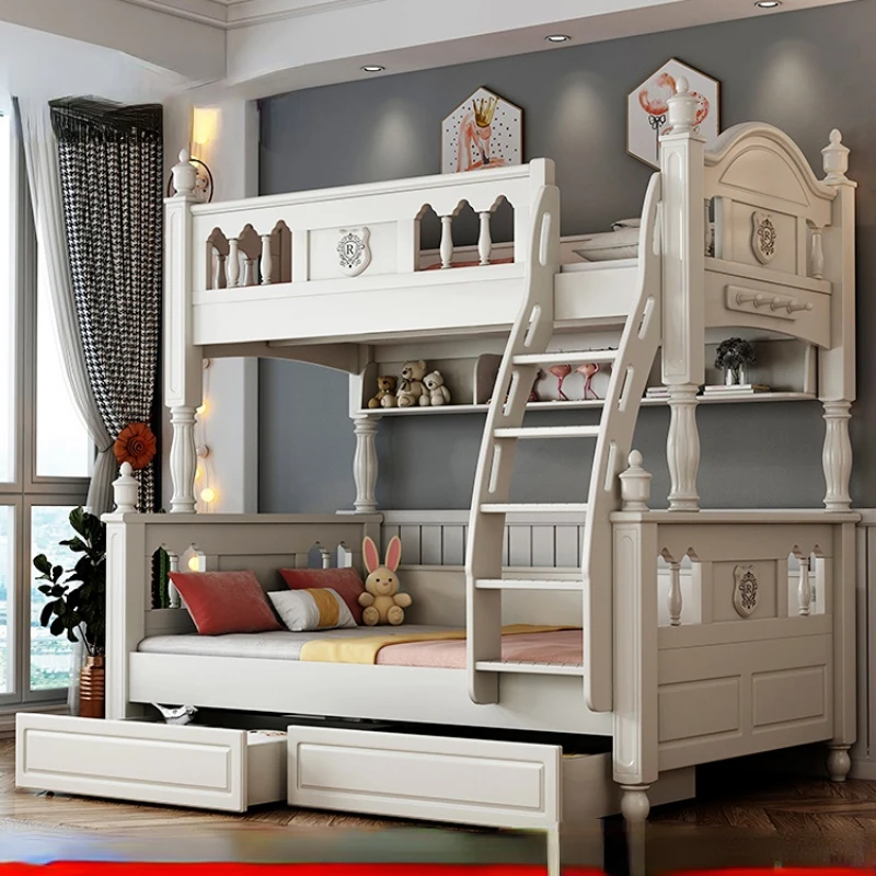 Solid wood white wax wood double decker bed, white upper and lower children's adult double decker high box mother bed