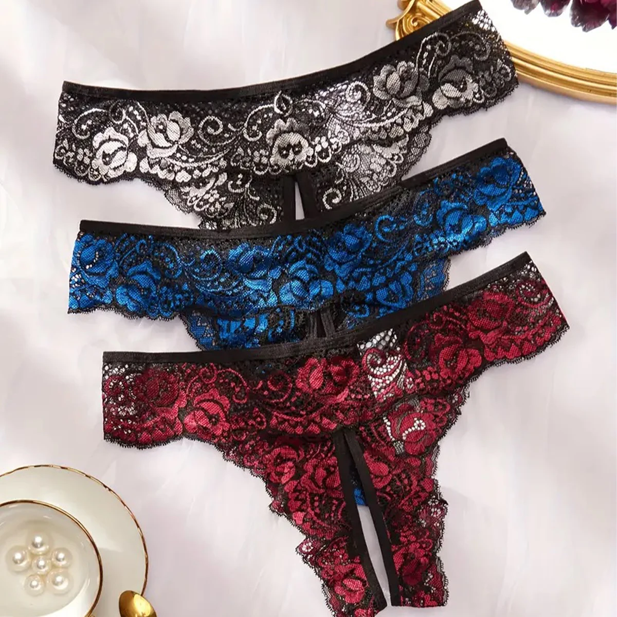 Transparent Lace Romantic Floral Thong Soft & Seductive Open Crotch Women's Underwear Sexy G-string Comfortable Female Lingerie