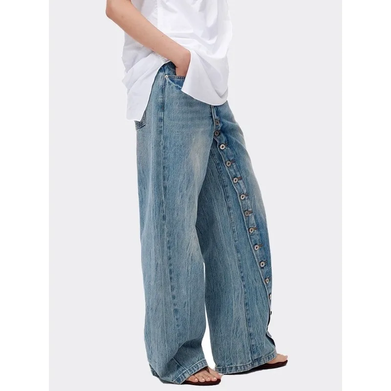 

Plus Size American Retro Distressed Washed Jeans Women Asymmetric Placket Button Y2K Streetwear Casual Floor Length Denim Pants