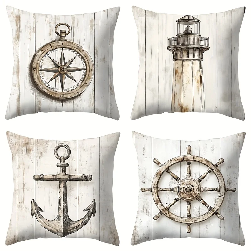 Set of 4 Printed Nautical Pillow Covers Coastal Ocean Decor Shams for Home Beach Theme Compass Anchor Lighthouse Ship Wheel Thro