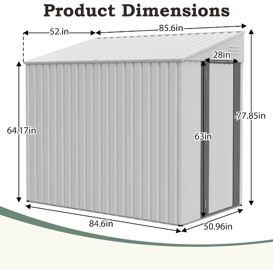 Outdoor metal storage shed for garden, patio, lawn backyard; galvanized steel; gray; 4x7 feet, lean-to design with sloping roof