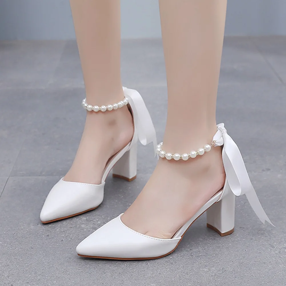 2024 New Fashion Women's Luxury Pearl Rhinestone Wedding Party Thick High-heeled Hollow Pointed Single Shoes