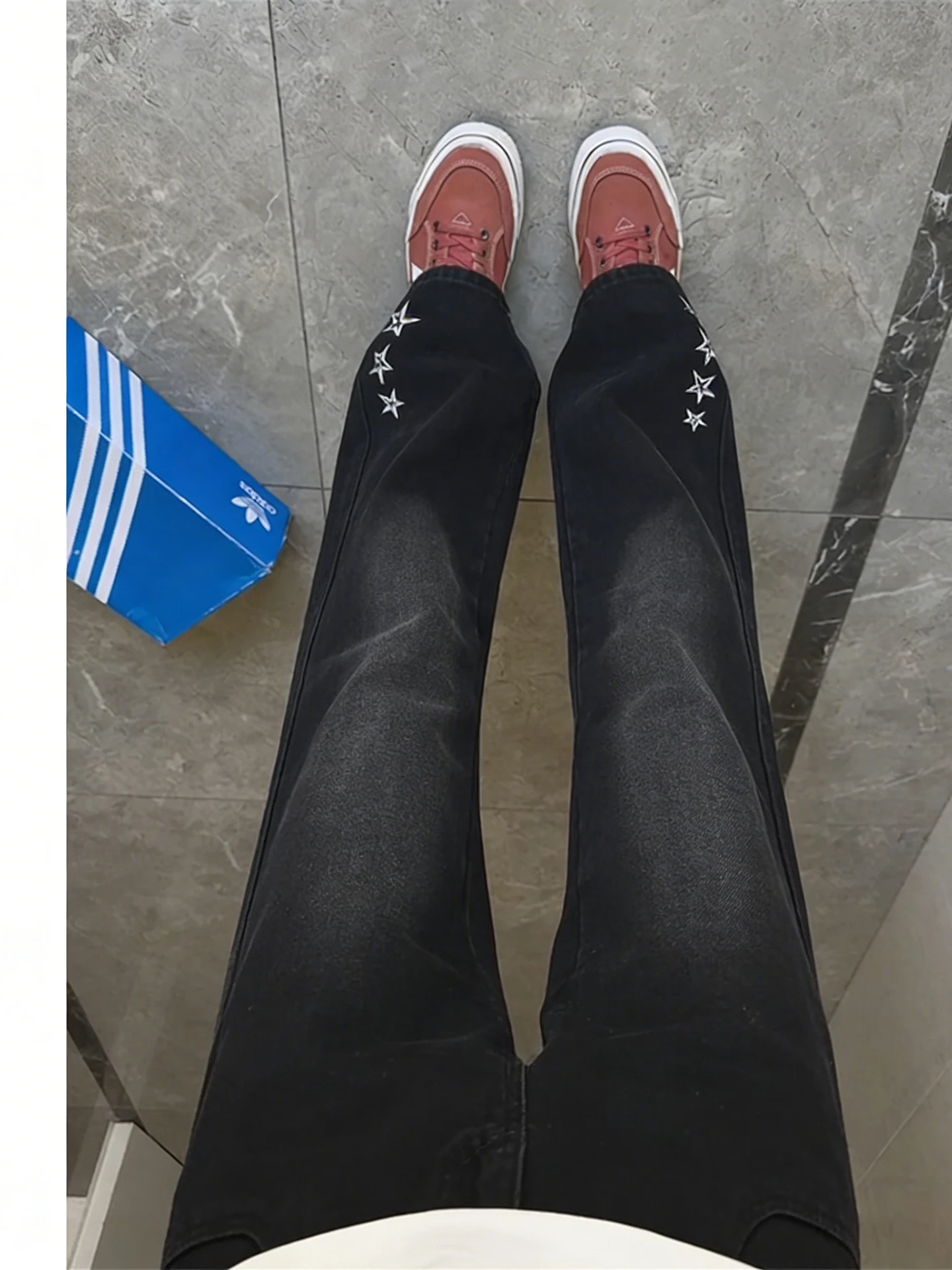 Washed Black Knife  Jeans Men Winter Trendy Embroidered Five Pointed Star Pants American High Street Straight Leg Flared