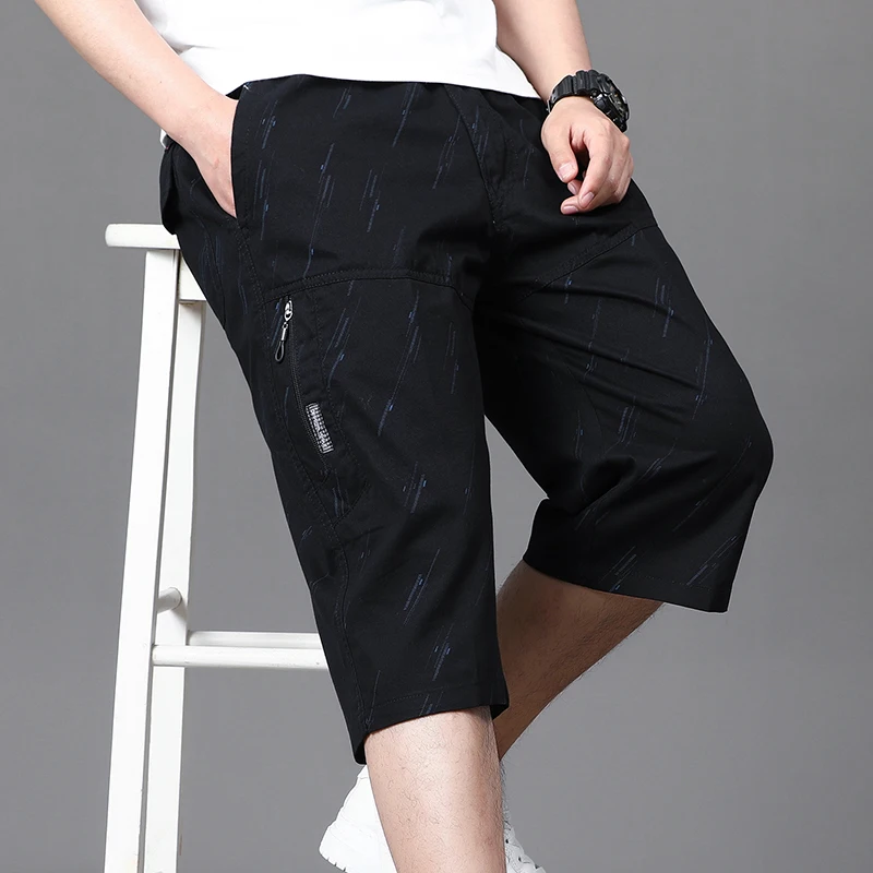 Summer Zipper Pockets Printing Elastic High Waist Casual Loose Men's Clothing Cargo Straight Sweatpants Capri Vintage Shorts