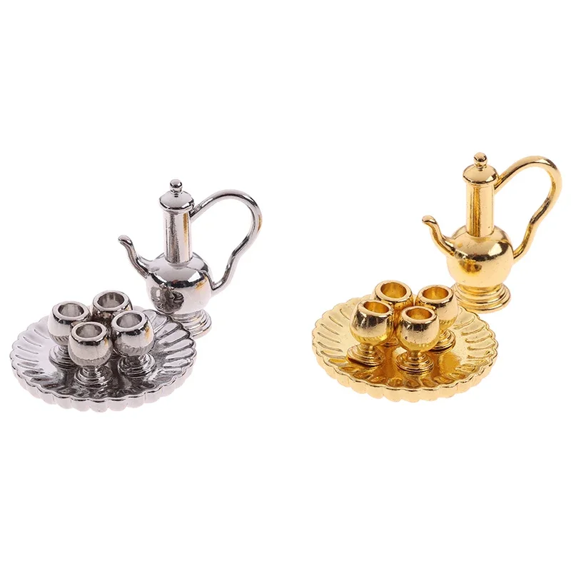 1: 12 Set da tè in metallo in miniatura per casa delle bambole, teiera, tazza, piatto, mobili, giocattoli