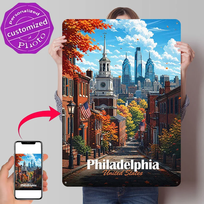 Philadelphia Skyline in Autumn 3D Texture Printed Poster Custom Vintage Metal Tin Plate Sign for Wall Art Office Decor Room Home