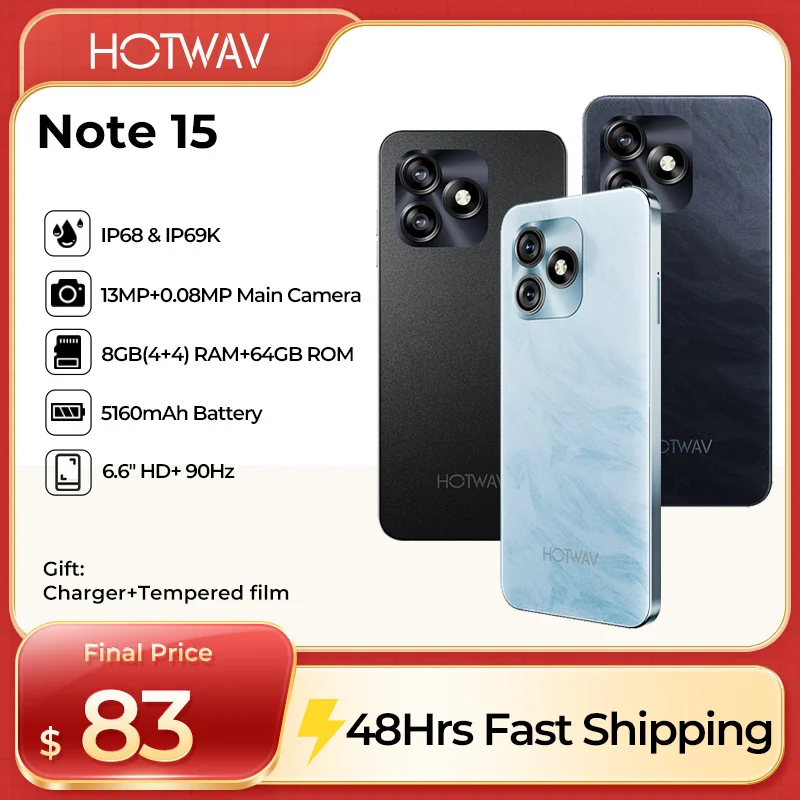 HOTWAV NOTE 15 Smartphone Android 14 5160 mAh grote batterij Mobiele telefoons 8 GB + 64 GB 13 MP + 5 MP 6.6 "HD + Ultra mobiel Vergelijkbaar met IPhone