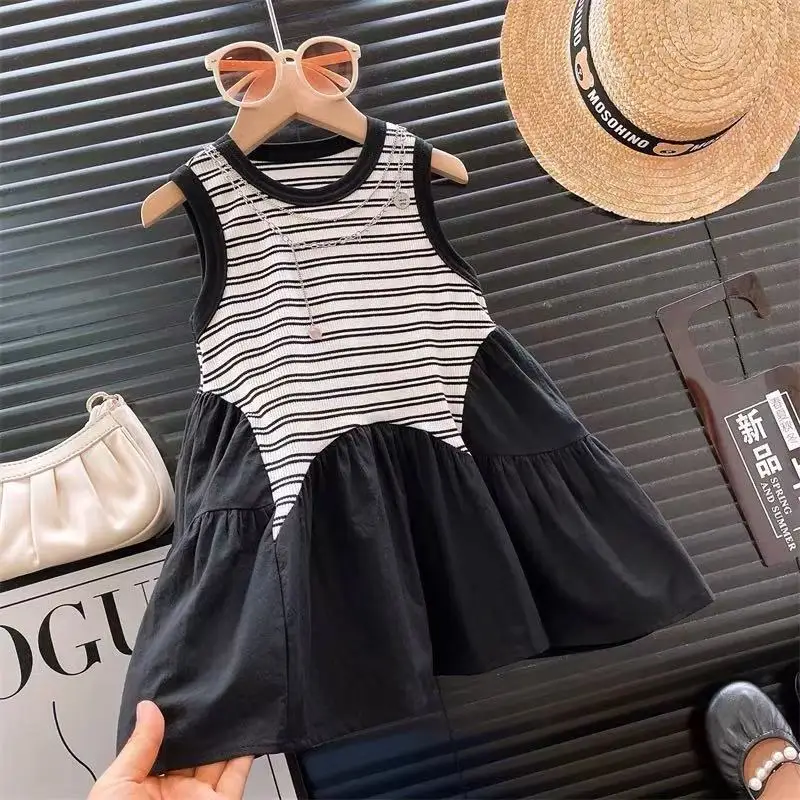 Girls' Striped Vest Dress Summer 2025 New for Baby Girls Korean Japanese Dress Summer Dress for Girls
