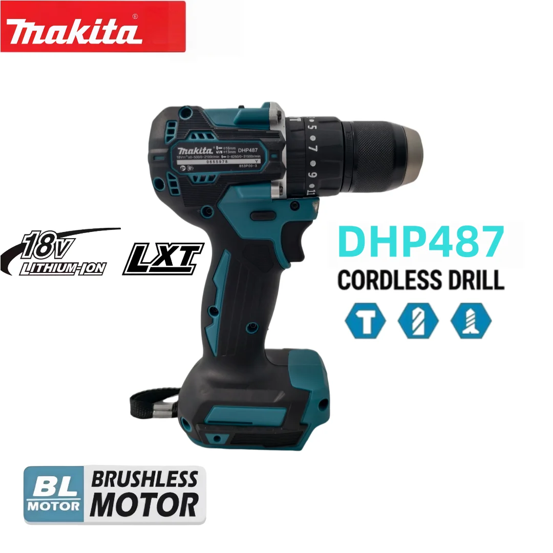 Makita 18V Li-ion Battery New Makita DHP487 Brushless Hammer Drill 40N.m 2 Speed Cordless Impact Screwdriver Household Tool