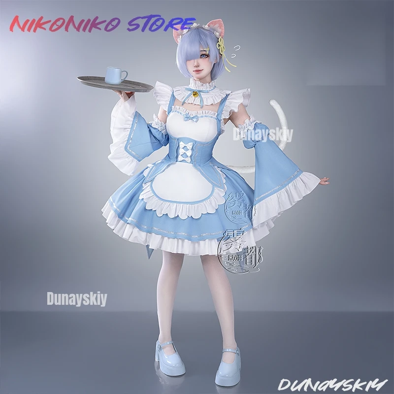 XS-2XL Re: Zero Starting Life in Another World Rem Cosplay Costume Bule French Maid  Dress Halloween Disguise for Adult Women