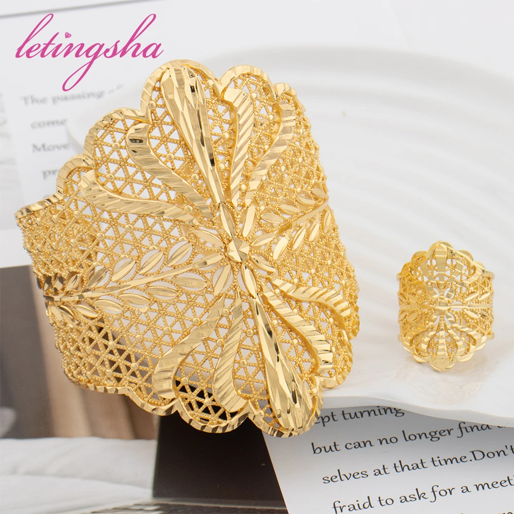 Hohles Modisches Goldfarbenes Manschettenarmband, Ring, Kupferlegierung, Vergoldeter Schmuckset, Armreif für Damen, Täglicher Gebrauch, Party, Hochzeitsgeschenke – Detail 13