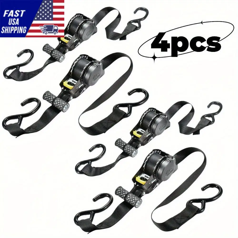 4pcs 10FT Ratchet Tie Down Straps - Auto Retractable Ratchet Straps Heavy Duty 1500lbs 4 Pack with S Hooks, Ratchet Straps for S