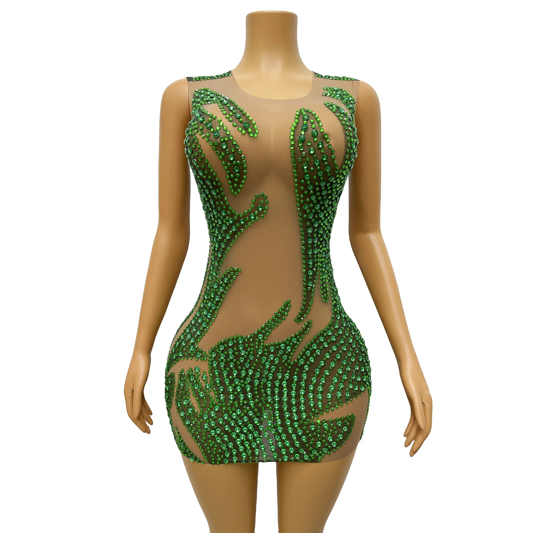 

Green Rhinestones Sexy Nude Transparent Dress Birthday Celebrate See Through Outfit Evening Women's Performance Costume