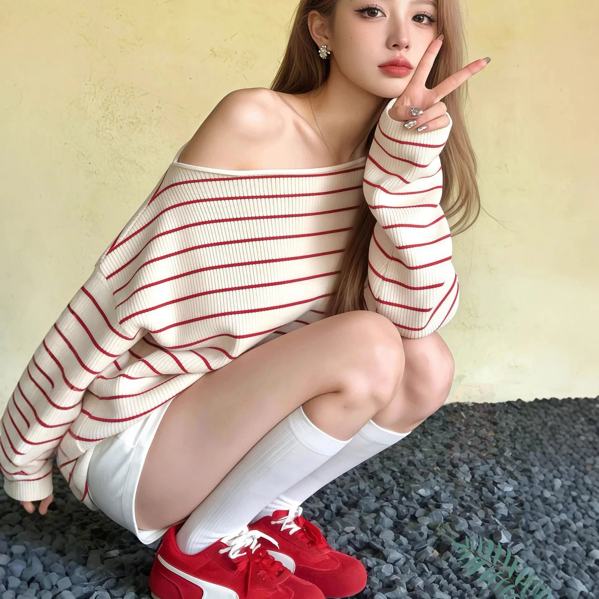 Women Striped Off Shoulder Knit Top Long Sleeve Loose Slash Neck Chic Stripe Casual Pullover Sweater Autumn Knitwear