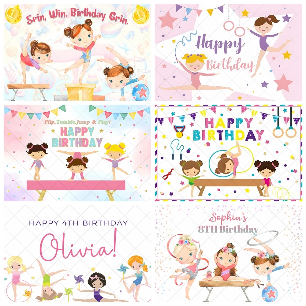 Cartoon Cute Gymnastics Energetic Girls Kid Birthday Party Banner Backdrop Custom Child Room Photography Poster Decor Background