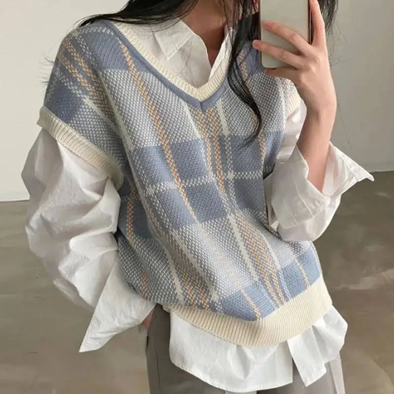 

V-Neck Plaid Sweater Vest Women Autumn Winter Vintage Knit Sweaters Pullover Loose Korean Knitwear Tops Pull Femme