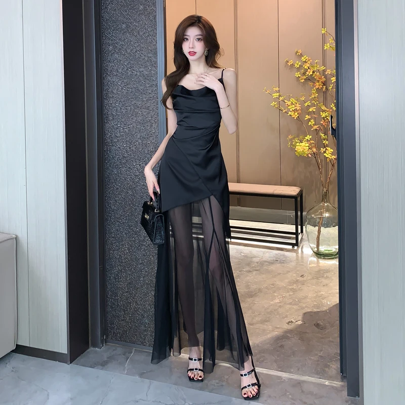 2024 New Korean Black Spaghetti Strap Midi Dresses for Women Elegant Party Fashion Sleeveless Patchwork Sexy Slim Female Clothes