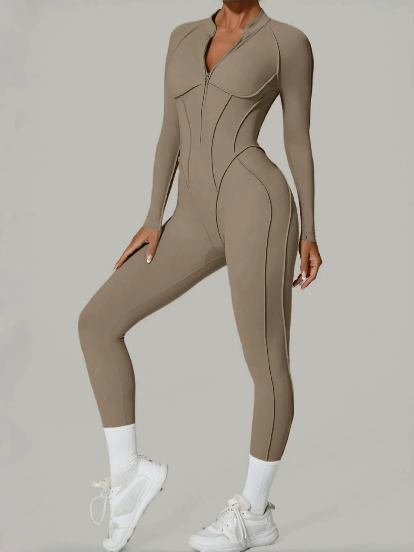 Women Quick Dry Hip‑Lifting Workout Jumpsuit Half Zip Cutout Open Back One‑Piece Bodysuit for Yoga Gym Training Active Outfit