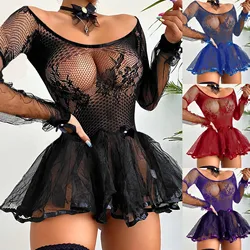 Lingerie sexy en maille pour femmes, sous-vêtements de nuisette, robes de cosplay chaudes, olympiques amusants en peluche élastiques, chemise de nuit porno