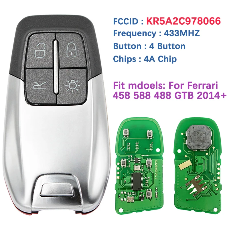 

CN094005 Aftermarket 4 Button Smart Key For Ferrari 458 588 488GTB 2014-2020 Keyless Remote Control 433mhz 4A Chip KR5A2C978066